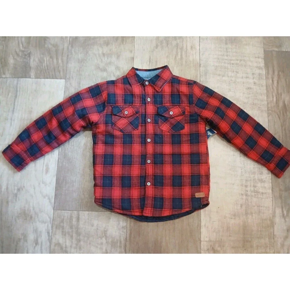 7 For All Mankind Flannel Insulated Shacket Kids Size 5 Red & Blue Plaid Pocket